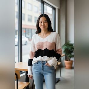 Full CircleTrends Sweater Zig Zag Striped V Neck Open Back Size Medium Open Back